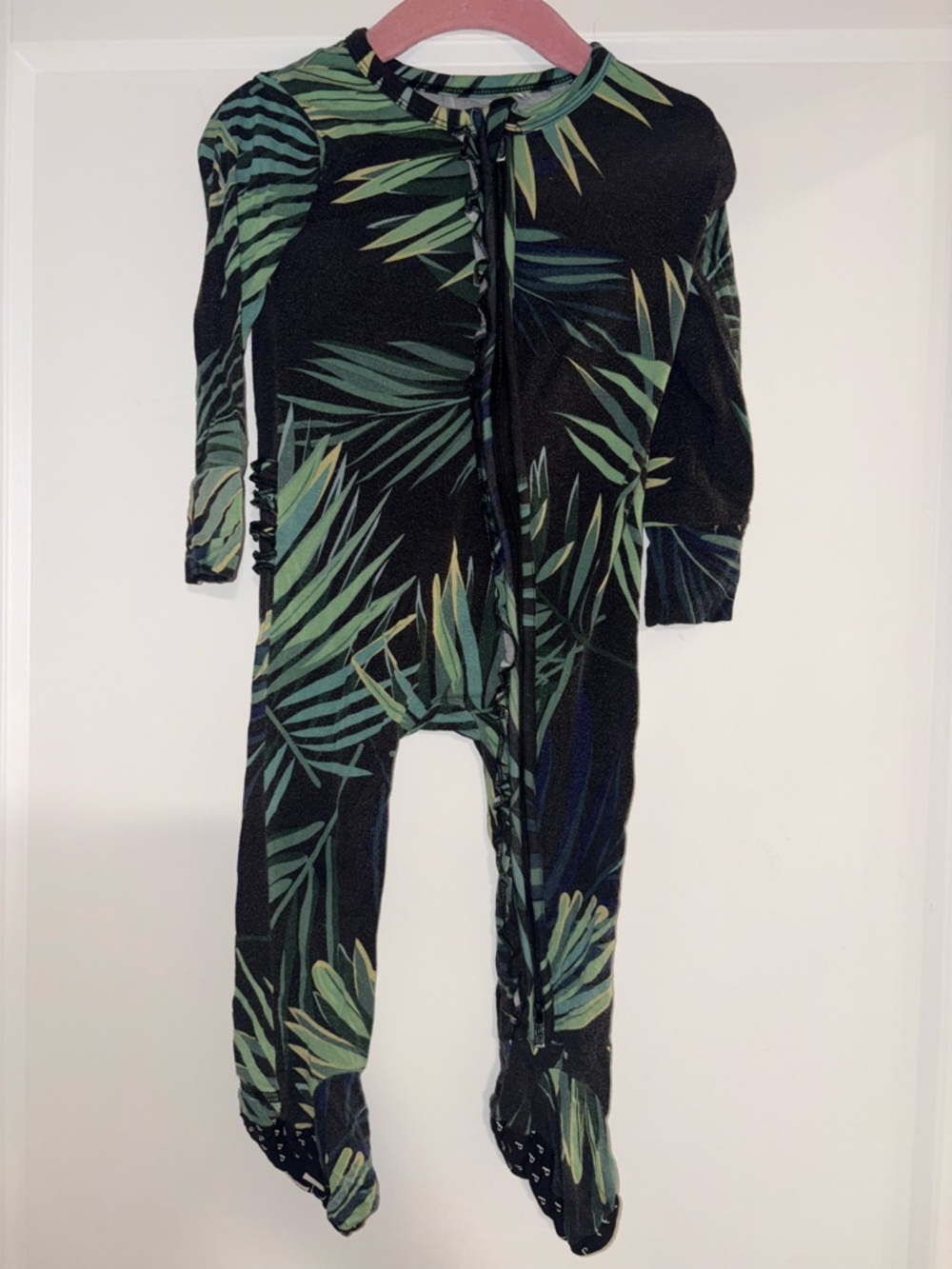 Posh Peanut Black and Green Palm-Print Footed Bamboo One-Piece